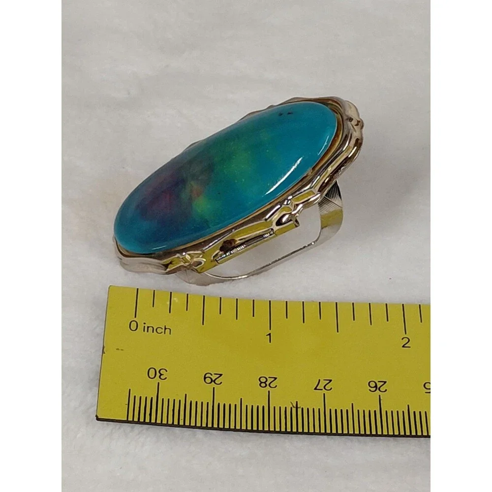 Vintage Silver Tone Faux Turquoise Compact Locket Ring Hidden Mirror Poison Boho